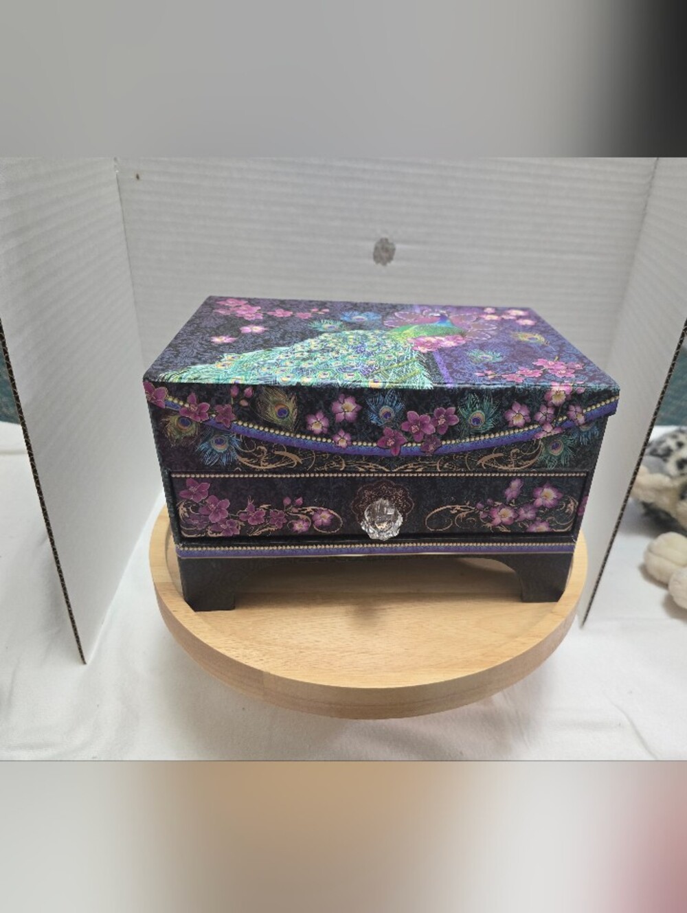 NWOT Pooch & Sweetheart Peacock Floral Jewelry Keepsake Box Drawer Tray Mirror.